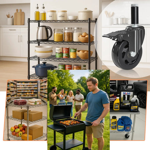Ready To Roll 4 Inch Expanding Stem Caster Wheels Set Of 4 With Secure Locking Brakes Universal Tube Fit on kitchen shelf and BBQ cart.