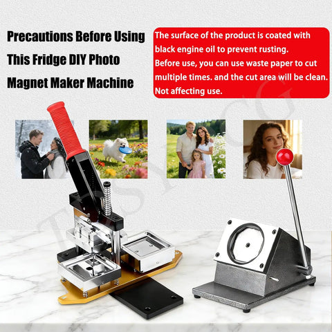 DIY Fridge Magnet Maker Kit 2.5 By 2.5 Inch For Photo Magnets with square paper cutter and 100 supplies displayed on marble surface