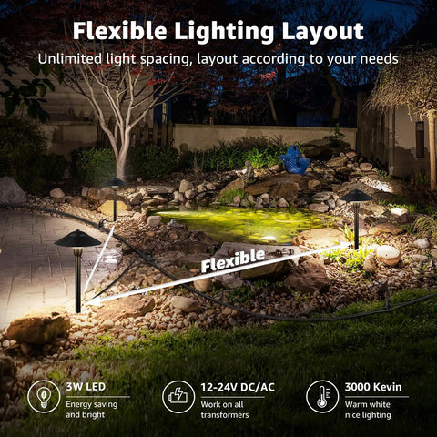 All In One LED Pathway Lighting Kit With 8 Low Voltage Landscape Lights 60W Transformer 100 Ft Landscape Wire 3000K Waterproof shown in garden setting at night
