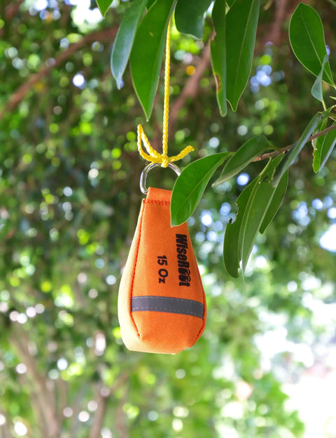 Orange 15oz throw weight from Ultra Slick Arborist Throw Line Kit With 164ft High Strength Rope Reinforced Throw Weight And Reflective Waterproof Storage Bag For Tree Climbing Trimming And High Limb Rigging.