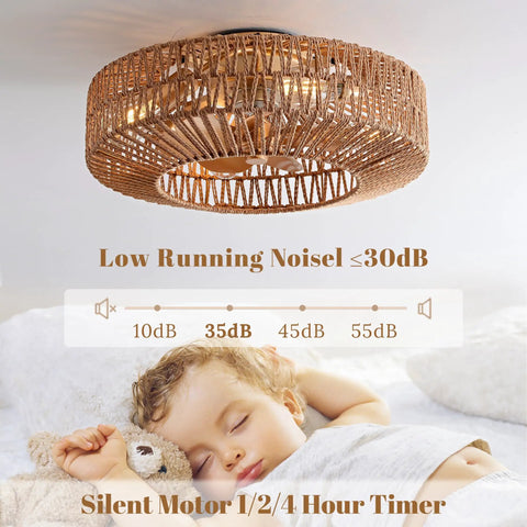 Rattan Boho Caged Fandelier ceiling fan with lights, focus on low running noise and silent motor, over sleeping child.