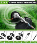 Six In One Beast Of A Gas Powered Weed Wacker Kit With 52cc 2 Stroke Engine in use on grass with included tool attachments shown.
