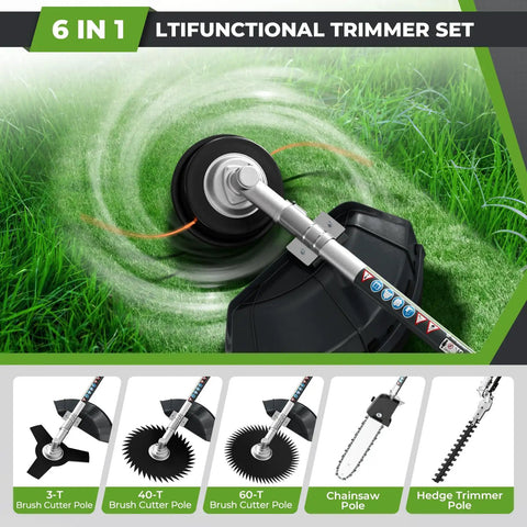 Six In One Beast Of A Gas Powered Weed Wacker Kit With 52cc 2 Stroke Engine in use on grass with included tool attachments shown.
