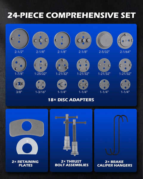 Orion Motor Tech 24-piece brake caliper tool set in blue case with disc adapters