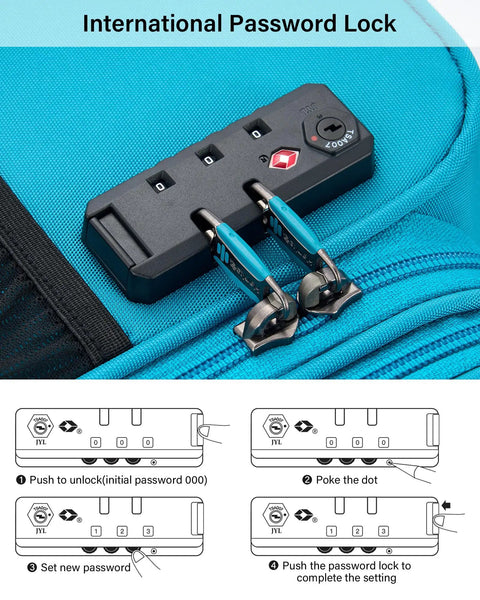 Close-up of the international password lock on the Underseat Carry On Luggage With Wheels 16 Inch Softside Caribbean Blue.