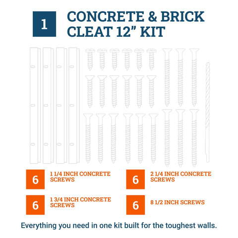 Built To Last Heavy Duty Concrete And Brick Cleat Mount Kit features 12" Z clips, screws, and drill bit for strong mounting.