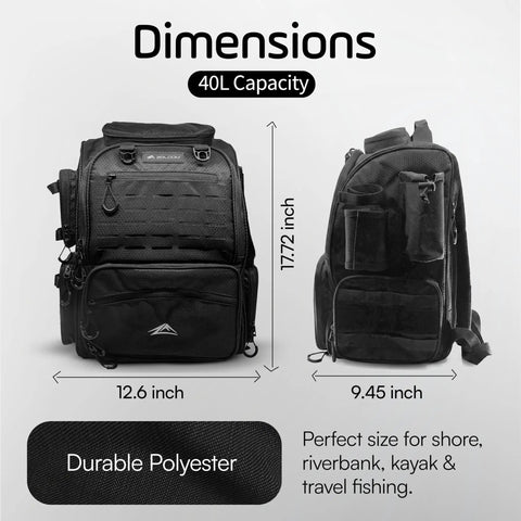 Front and side view of black 40L waterproof fishing backpack with tackle boxes, rod holder, foldable net, and rain cover.