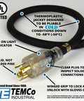Beefy 30 Amp L14-30 Generator Extension Cord, 30ft Long, features robust connectors and LED light, UL listed, SJEOW insulation.