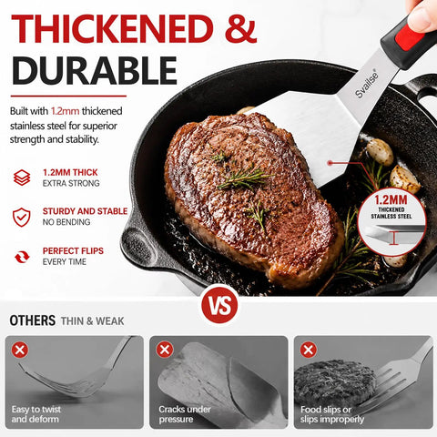 Two Piece Stainless Steel Spatula Set With Thick 1.2mm Metal Turners And Silicone Handles lifting steak in skillet