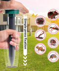 Hand pressing Green Solar Ultrasonic Mole Repellent Stakes For Lawns And Gardens, Gopher And Vole Deterrent, with pest icons.