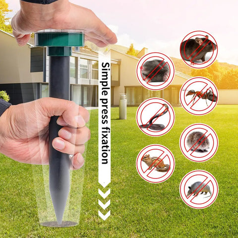 Placing Solar Powered Mole Repellent For Lawns And Gardens Ultrasonic Gopher And Snake Deterrent Vole Repellent spike in grass