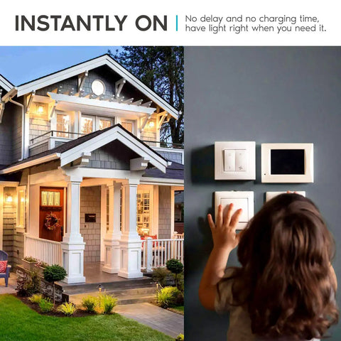 Child turning on light switch, house illuminated with A21 LED Bulbs 150 Watt Equivalent, 2550 Lumens, 3000K Soft White.