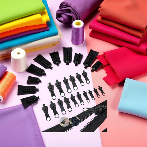 12 Pack Universal Black Zipper Sliders Replacement Kit For Jackets Bags And Gear Quick Fix Easy Install Durable Fasteners displayed with colorful fabric