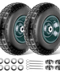 Two Pack 13 Inch 4.00-6 Airless Rubber Wheel Set With 5/8 Inch And 3/4 Inch Bearings Flat Free Replacement Tires And Wheels Accessory Kit