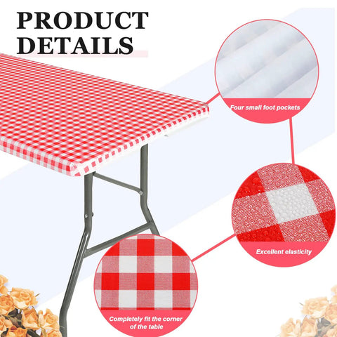 3 Pack Red And White Checkered Picnic Tablecloths, Fitted Rectangular Vinyl With Flannel Backing, Waterproof Table Cover details