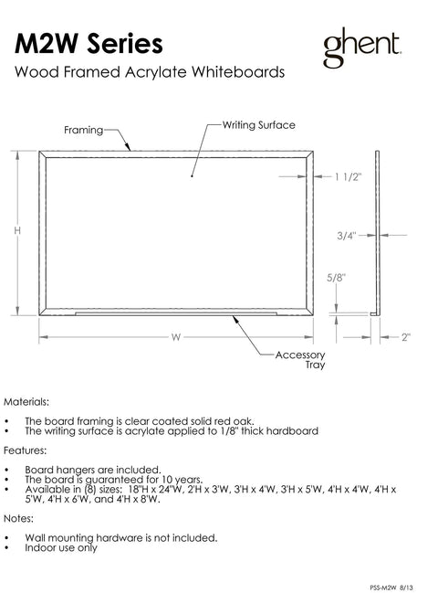 Diagram of 24 By 36 Inch Wood Frame Non Magnetic Whiteboard in Natural Oak Finish with dimensions and features label.