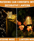Solar Watering Can With Cascading Lights Two In One Outdoor Hanging Lantern Garden Decor For Patio Lawn And Backyard Perfect Gift For Gardeners Weather Resistant showing watering and lantern modes.