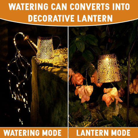 Solar Watering Can With Cascading Lights Two In One Outdoor Hanging Lantern Garden Decor For Patio Lawn And Backyard Perfect Gift For Gardeners Weather Resistant showing watering and lantern modes.