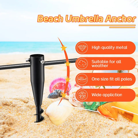 Heavy Duty Outdoor Umbrella Sand Anchor Stand For Ground No Dig Screw In Base Metal In Ground Umbrella Holder For Patio Or Beach Rock Solid Wind Resistant And Built To Last with features displayed.