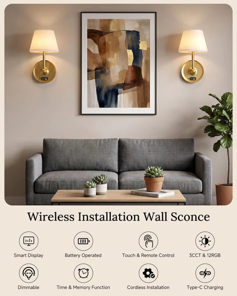 Battery Operated Wall Sconces Set of 2, Wireless Wall Lights with Rechargeable Battery, Smart Display & Remote, Dimmable Cordless Wall Lamps with 12 RGB Colors for Bedroom,Living Room,Hallway Decor in stylish home setting.
