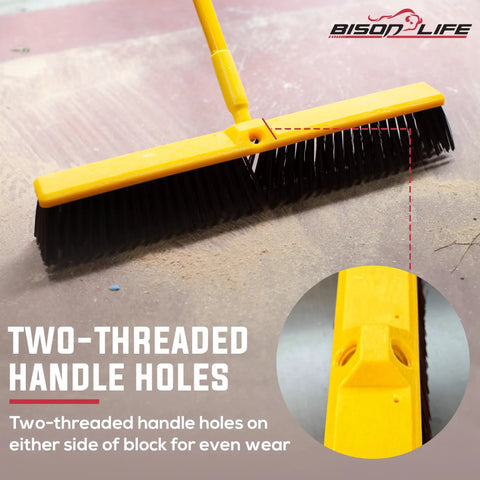 Real Deal Heavy Duty Multi Surface Push Broom featuring stain resistant coarse polypropylene bristles and solid plastic block head, showing handle holes.