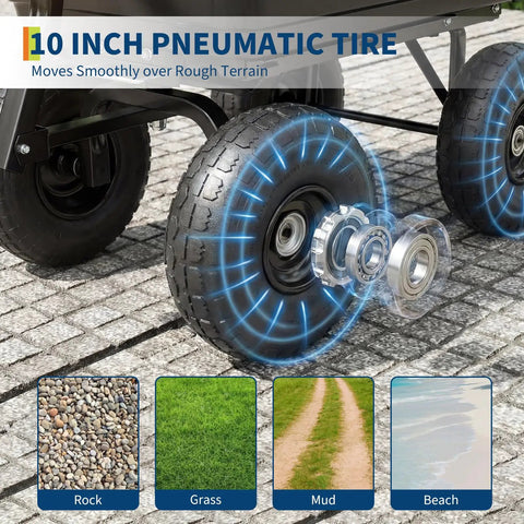 Close-up of 10 inch tire on Heavy Duty Garden Dump Cart With Quick Release Dump 180 Degree Tilt And 10 Inch Flat Free All Terrain Wheels Utility Wagon For Soil Mulch Firewood Tools Ideal For Yard Work Grey