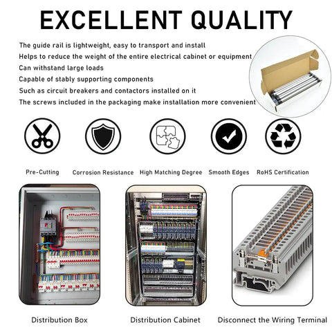 Heavy Duty Aluminum DIN Rail Slotted 35mm Wide 7.5mm High 8 Inch Long Universal Mount Kit With 20 M4x16 Screws And 10 Protective End Caps