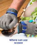 Stainless Steel Mesh Cut Resistant Glove ANSI A9 for boss level kitchen tasks and gardening, shown in various uses, comfortable fit.