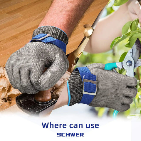 Stainless Steel Mesh Cut Resistant Glove ANSI A9 for boss level kitchen tasks and gardening, shown in various uses, comfortable fit.