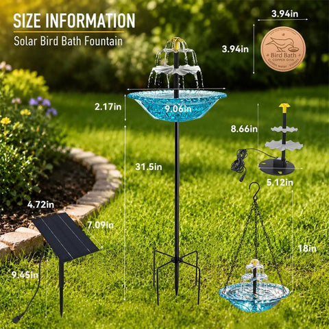 Sun-Powered Bird Bath Fountain With External Solar Panel And Copper Cleaner, Self-Cleaning Outdoor Water Feature For Non-Stop Cascade, Hanging Or Stake Mount, Blue Hummingbird Garden Decor with measurements displayed.