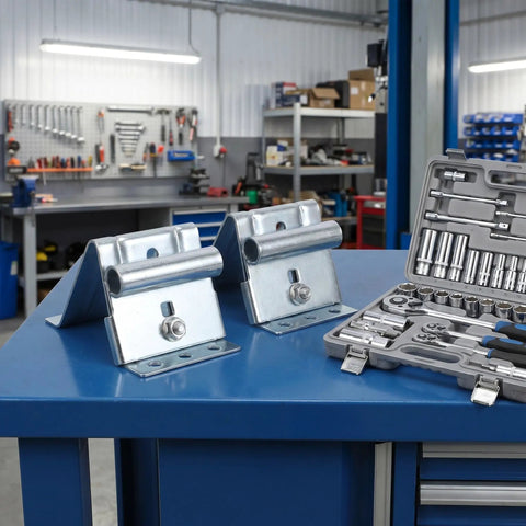 2 Piece Adjustable Garage Door Top Bracket Kit Made Of Galvanized Steel With Anti Oxidation Finish, in workshop setting