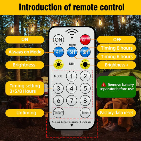 Remote control for 100Ft Solar String Lights Outdoor Waterproof with control buttons and settings details.