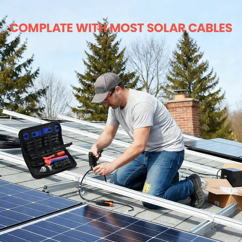 Man using Solar Crimping Tool Kit With 12 MC4 Connectors And Spanner Wrenches For 14 To 10 AWG on rooftop solar panel.