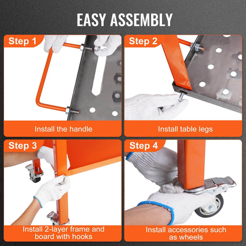 Rugged 36 By 18 Inches Welding Table On Wheels With 1200 Pound Load Capacity assembly instructions, showing steps for installation