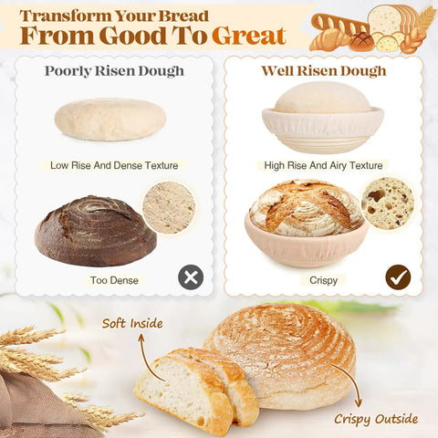 Comparison of poorly risen and well-risen dough using the Ultimate Sourdough Starter Kit With Dutch Oven For Homemade Bread Baking Essentials