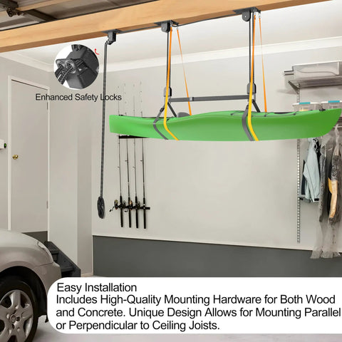 Garage Ceiling Kayak Hoist System With Safety Straps, Heavy Duty Pulley Lift For Kayaks, Holds Up To 150 Lbs, Fits 10 To 18 Foot Ceilings, Black, in use hoisting a green kayak.