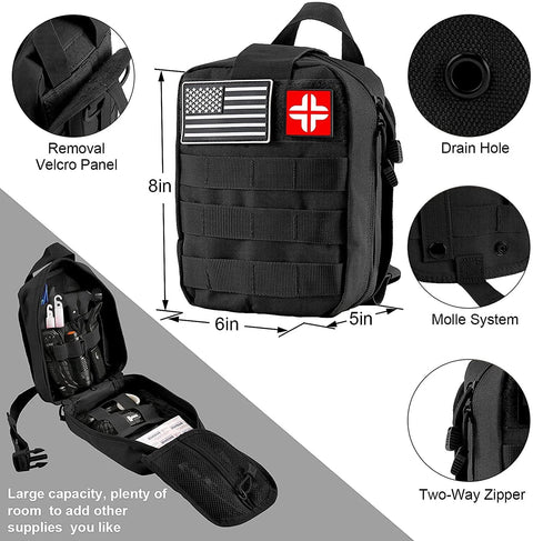 Front view of black MOLLE first-aid survival kit pouch with US flag and red cross patches; 8x6x5 in