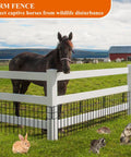 Horse in a pasture behind a white farm fence with wildlife including a rabbit, raccoon, and groundhog nearby, barn in background