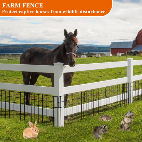 Horse in a pasture behind a white farm fence with wildlife including a rabbit, raccoon, and groundhog nearby, barn in background