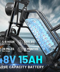Close-up of Electric Fat Tire E Bike with Beast Power 750W showing 48V 15Ah removable battery and 20-inch all-terrain wheel.