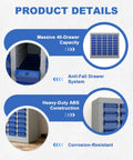 40 Drawer Steel Parts Cabinet With ABS Bin Organizers For Garage and Workshop, showing blue drawers and anti-fall system.