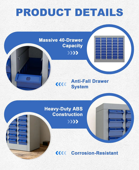40 Drawer Steel Parts Cabinet With ABS Bin Organizers For Garage and Workshop, showing blue drawers and anti-fall system.