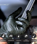 AMMEX X3 black nitrile disposable industrial gloves, textured, X-Large, two gloves gripping a metal tool