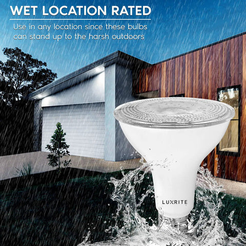 LED PAR30 bulb in rain, showcasing wet location rating for Four Pack LED PAR30 Flood Light Bulbs 75W Equivalent 5000K Bright White.