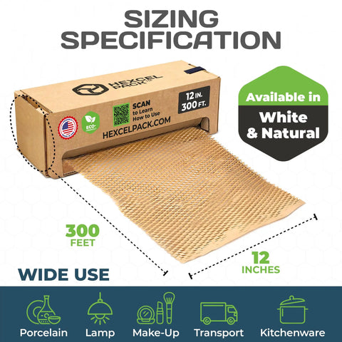HexcelWrap Mini Honeycomb Packing Paper For Shipping And Moving, Eco Friendly Sustainable Cushioning, 12 Inch By 300 Feet