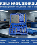 Open box of 3 In 1 Bolt Extractor Kit with Left Hand Drill Bits and Screw Extractors on a workshop table.
