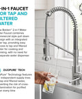 KRAUS Bolden 2-in-1 Pull Down Kitchen Faucet with Integrated Water Filter Tap for Reverse Osmosis or Water Filtration System in Matte Black/Spot-Free Black Stainless Steel, KFF-1610MBSFSB pouring filtered water into a glass