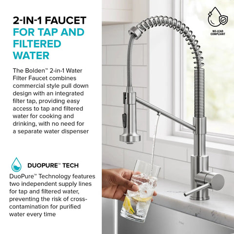 KRAUS Bolden 2-in-1 Pull Down Kitchen Faucet with Integrated Water Filter Tap for Reverse Osmosis or Water Filtration System in Matte Black/Spot-Free Black Stainless Steel, KFF-1610MBSFSB pouring filtered water into a glass