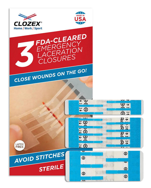 Emergency Laceration Closure Kit With Three Individually Packaged Closures For Quick Wound Repair Without Stitches packaging and contents