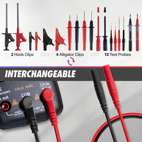 All In One 29 Piece Multimeter Test Leads Kit With Replaceable Wire Piercing Probes Alligator Clips Hook Clips And Tweezers